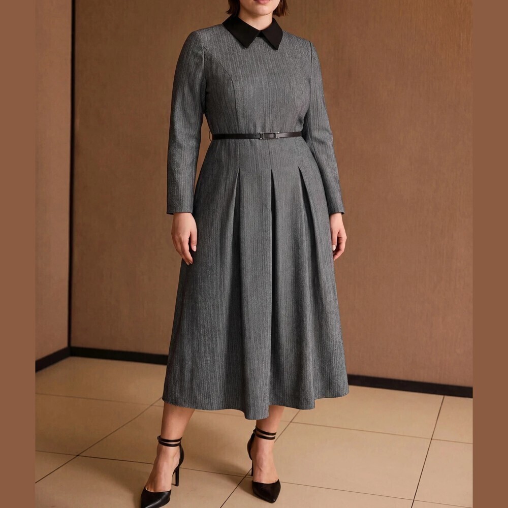 Gray Contrast Collar Long Sleeve Belted Pleated Midi Dress
